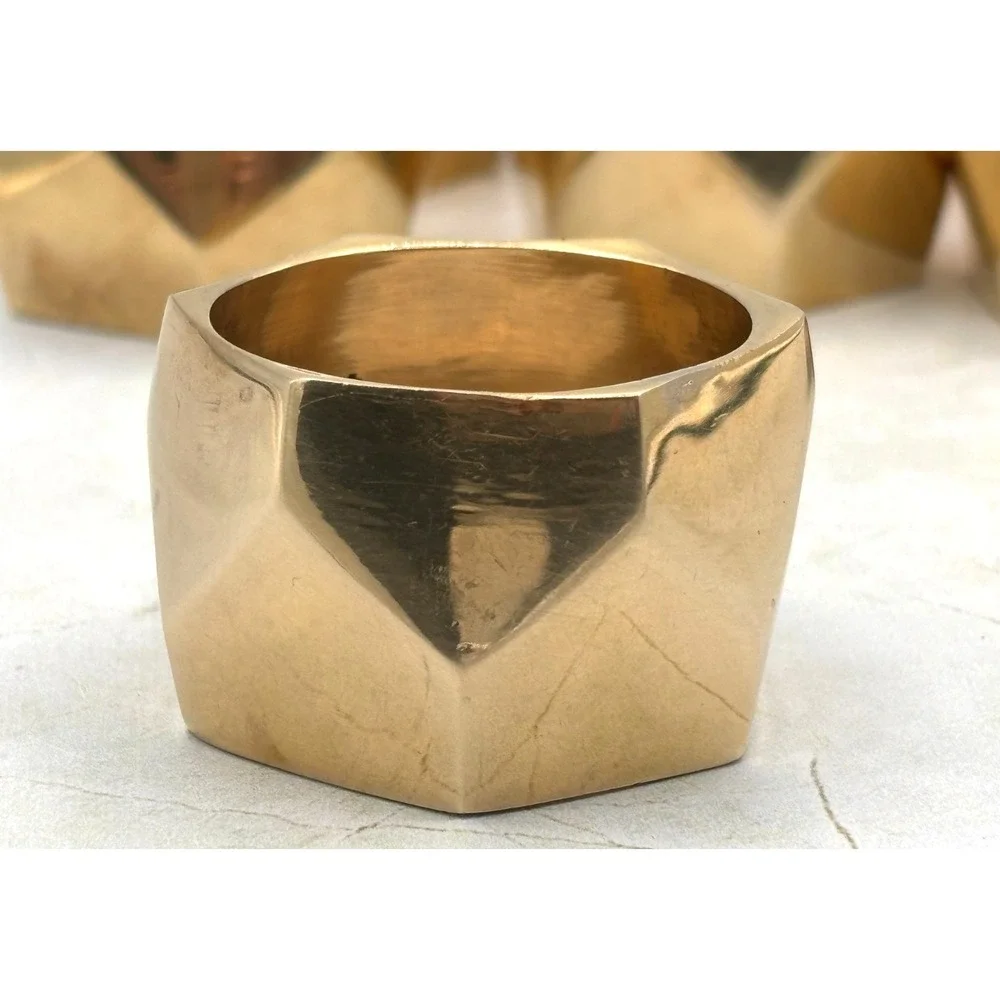 Set of 8 Solid‎ Brass Faceted Napkin Rings Modern Geometric Brutalist Style EUC